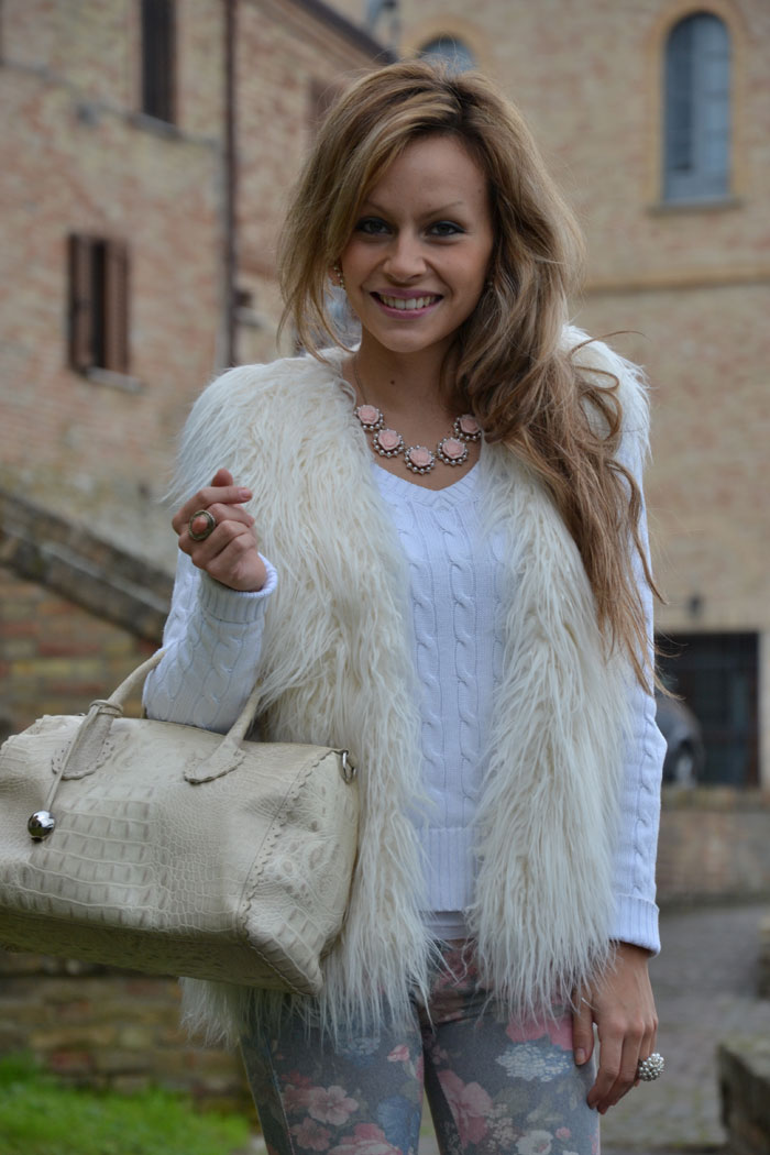 H&M faux fur gilet, flower pants and Furla bag - It-girl by Eleonora Petrella