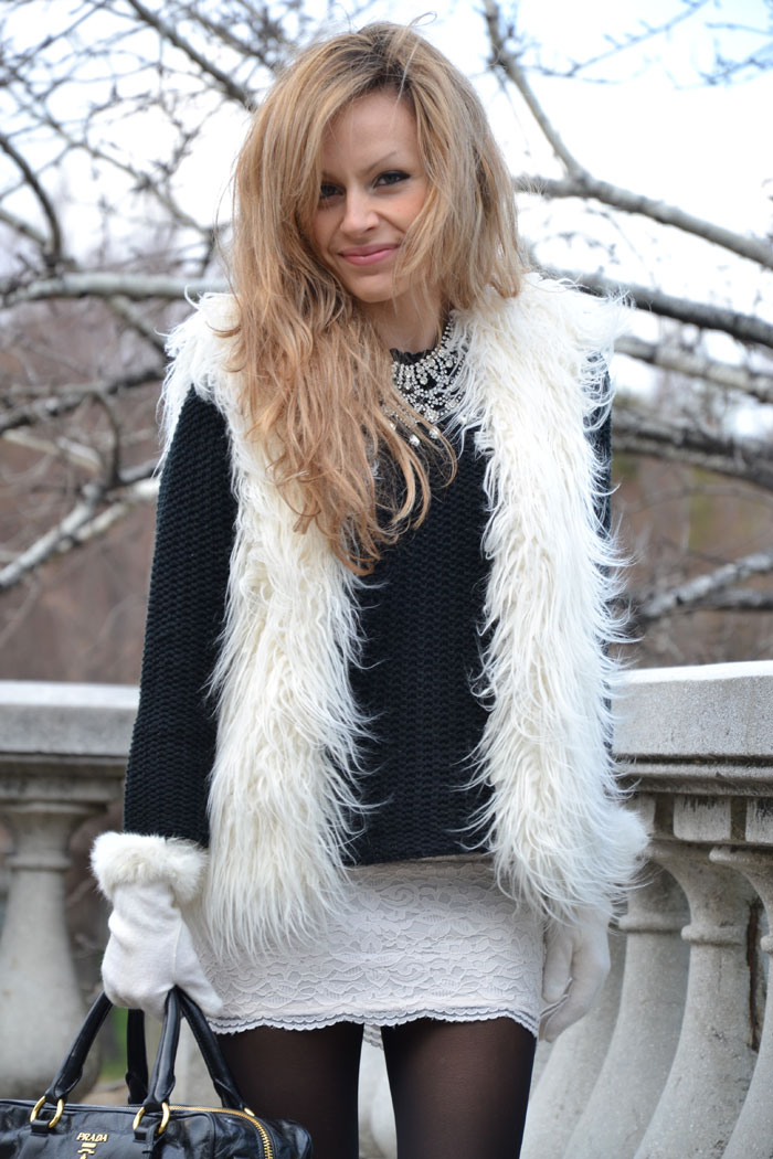 Faux fur sleeveless coat and lace skirt - It-girl by Eleonora Petrella