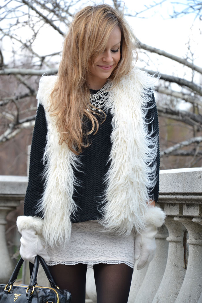Faux fur sleeveless coat and lace skirt - It-girl by Eleonora Petrella