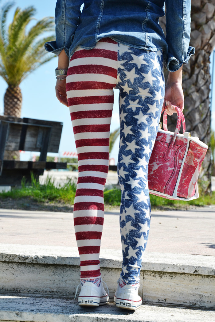 Calzedonia american flag leggings, Banana Taipei bag and Converse All star - outfit fashion blogger It-Girl by Eleonora Petrella