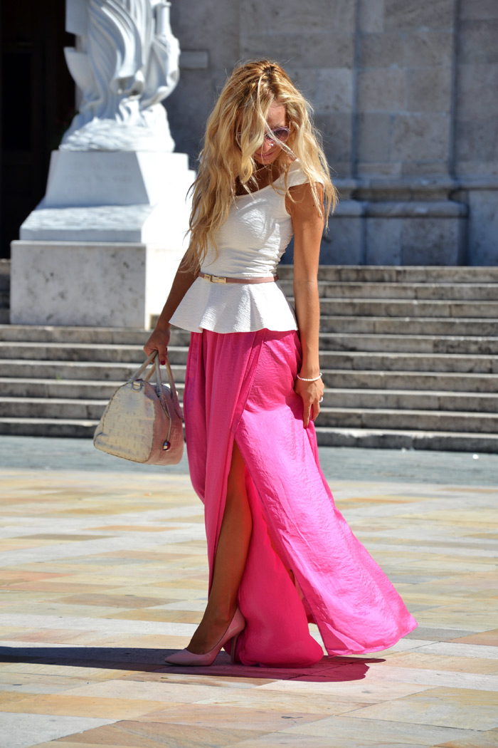 Choies maxi skirt with split, cream Zara pumps, peplum top and Furla bag - outfit fashion blogger september It-Girl by Eleonora Petrella