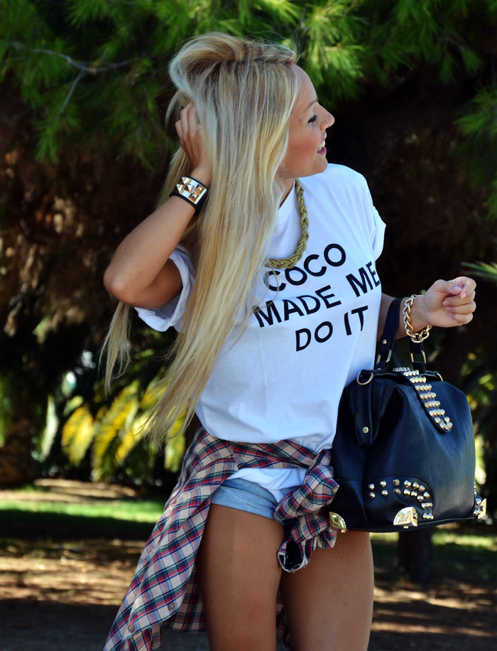 Coco made me do it t-shirt, Zara pumps, bag with studs - outfit fashion blogger autumn tartan trend It-Girl by Eleonora Petrella