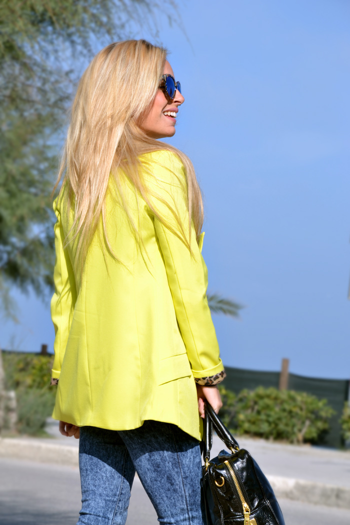 Yellow blazer and denim skinny jeans - Zara animalier leopard pumps and Prada bag - outfit fall 2013 italian fashion blogger It-Girl by Eleonora Petrella