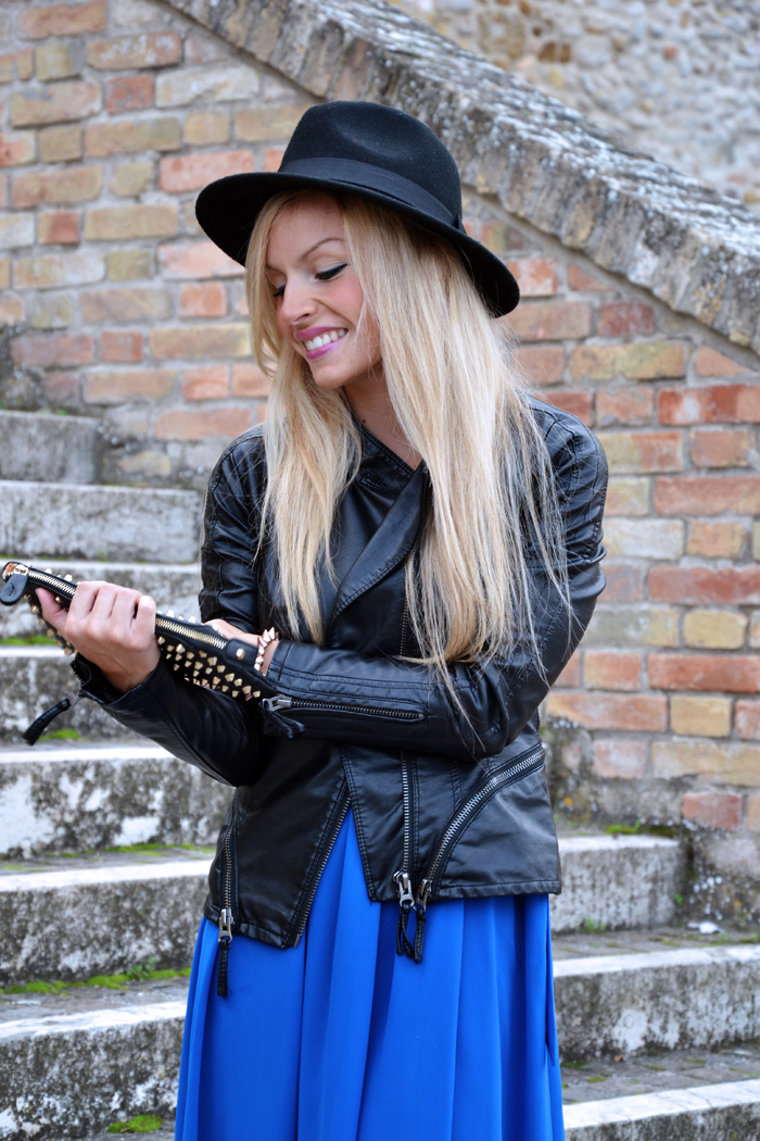 Electric blue maxi dress - Zara H&M leather jacket - black fedora - outfit ideas fall 2013 italian fashion blogger It-Girl by Eleonora Petrella