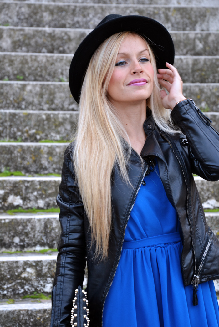 Electric blue maxi dress - Zara H&M leather jacket - black fedora - outfit ideas fall 2013 italian fashion blogger It-Girl by Eleonora Petrella