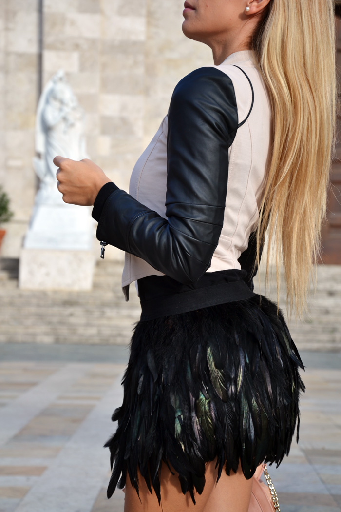 feather skirt Romwe , leather Sheinside jacket, Zara lace pumps, Chloè bag – outfit Italian fashion blogger It-Girl by Eleonora Petrella autumn fall 2013
