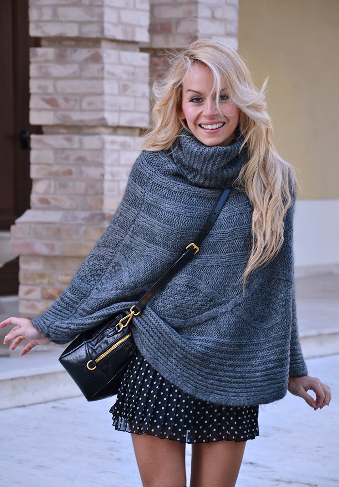 Over the knee socks, knit cape, polka dots pleated skirt, Zara pumps, Prada bag - outfit winter 2014 Italian fashion blogger It-Girl by Eleonora Petrella