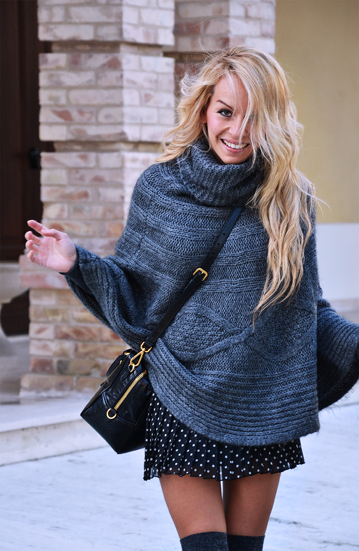 Over the knee socks, knit cape, polka dots pleated skirt, Zara pumps, Prada bag - outfit winter 2014 Italian fashion blogger It-Girl by Eleonora Petrella