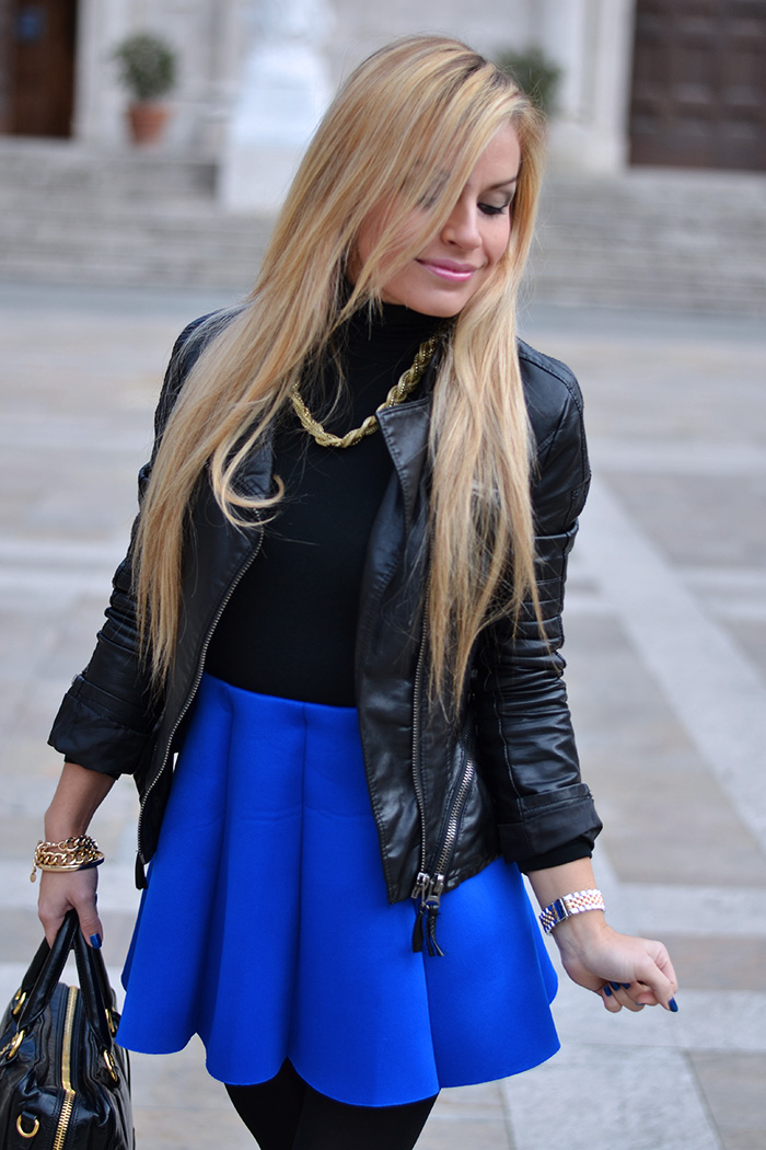 Electric blue neoprene skirt trend 2014, outfit look italian fashion blogger It-Girl by Eleonora Petrella