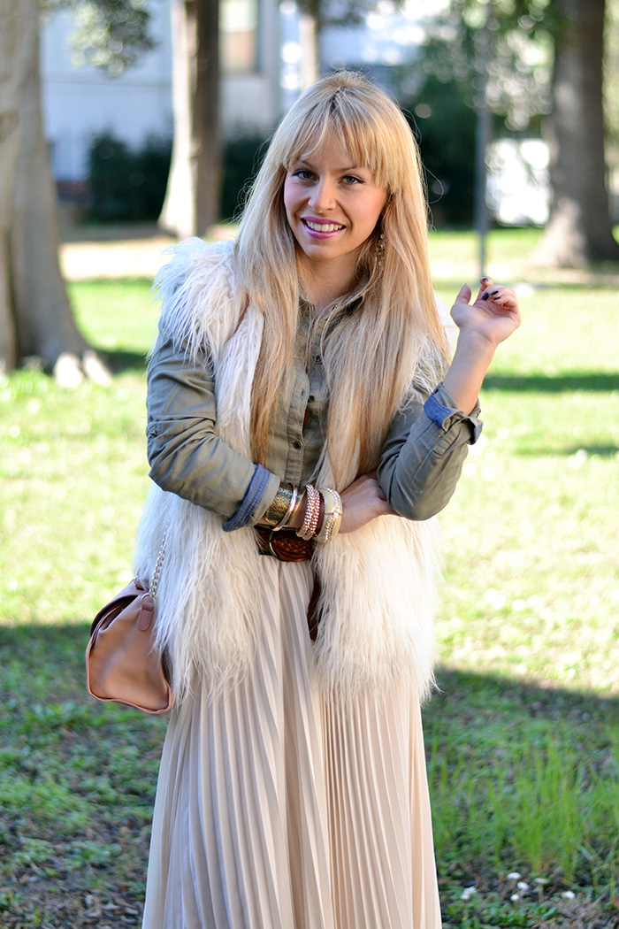 Maxi pleated skirt, trend winter 2014 faux fur H&M vest, See by Chloè bags – outfit Italian fashion blogger It-Girl by Eleonora Petrella
