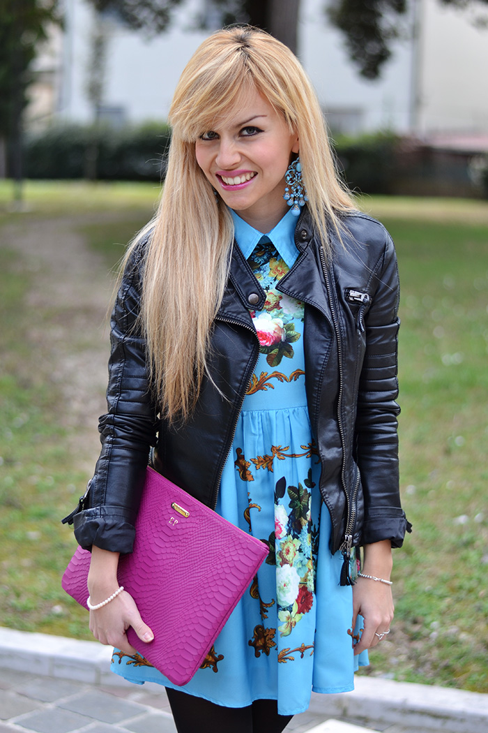 Gigi New York clutch, romwe floral dress, outfit leather jacket spring 2014 – Italian fashion blogger It-Girl by Eleonora Petrella