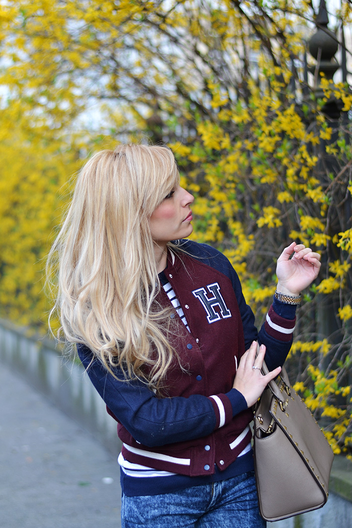 Bershka varsity jacket, H&M skinny jeans, Michael Kors Selma bag, sporty chic look It-Girl by Eleonora Petrella spring 2014