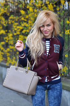 Bershka varsity jacket, H&M skinny jeans, Michael Kors Selma bag, sporty chic look It-Girl by Eleonora Petrella spring 2014