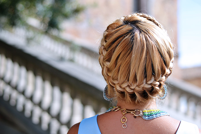crown braid hairstyle, braided crown tutorial, Sheinside dress, baby blue dresses - outfit italian fashion blogger It-Girl by Eleonora Petrella