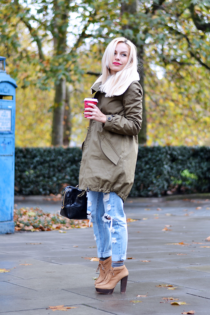 Ventifive abbigliamento italiano, modelli parka inverno 2014, parka coat outfit ideas, look Londra, ripped jeans – fashion blogger It-Girl by Eleonora Petrella